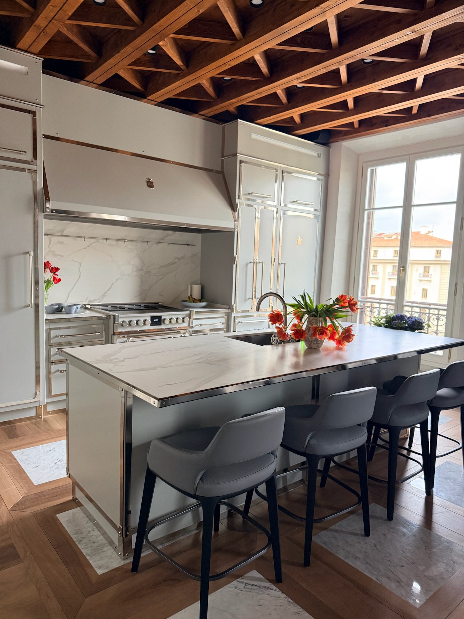 Kitchen — marble island, Gullo range, original beams