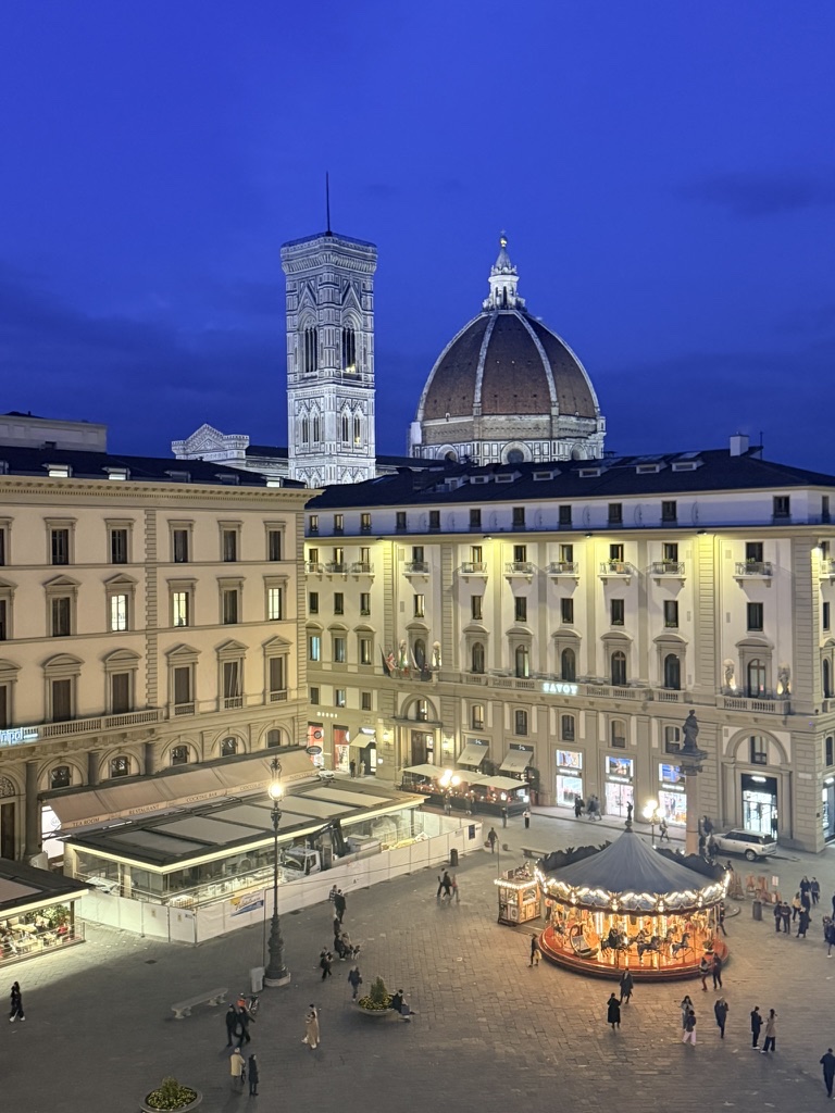 Piazza della Repubblica and the Duomo at dusk, seen from the Palazzo