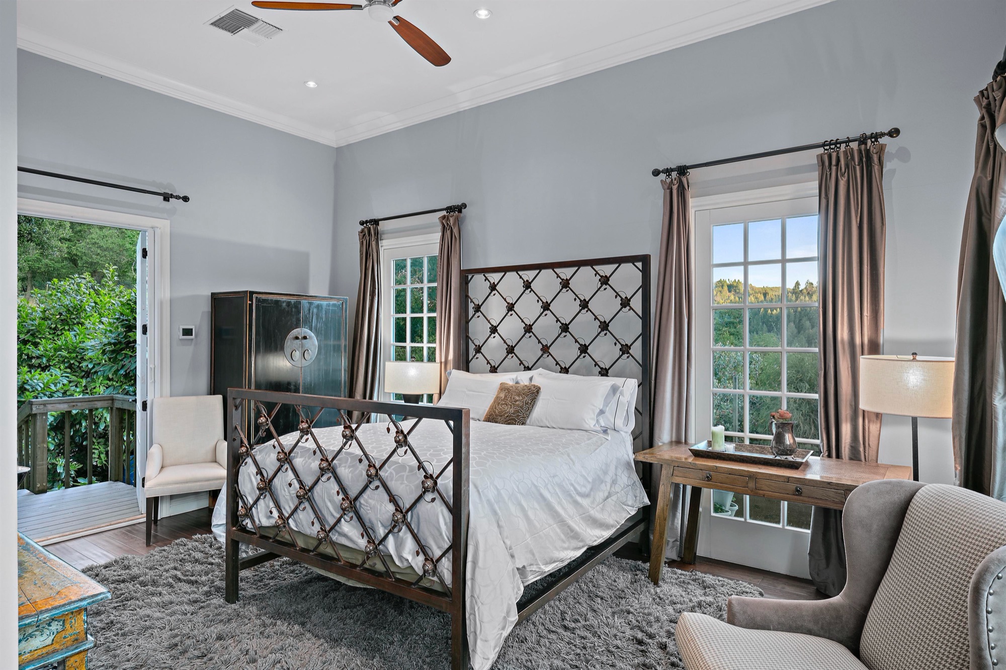 Guest bedroom — iron lattice headboard